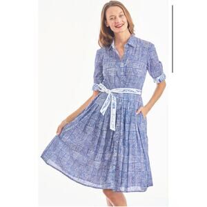 Dizzy Lizzie Mrs Maisel Dress Navy White Criss Cross Boxes Voile No Belt Size XL
